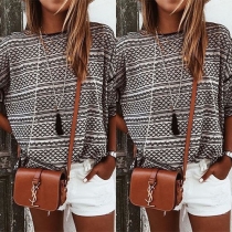 Fashion Printed Round Neck Long Sleeve Knit T-shirt