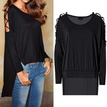 Sexy Solid Color Round Neck Long Sleeve Hollow Out High-low Hemline Tops