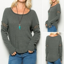 Casual Style Solid Color Lace Spliced Round Neck Bat Long Sleeve Relaxed T-shirt