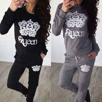 Casual Style Crown Printed Long Sleeve Tops and Pants Two-piece Set