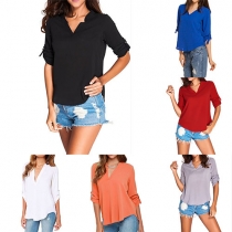 Fashion Solid Color V-neck Button-tab Sleeve High-low Hemline Chiffon Tops