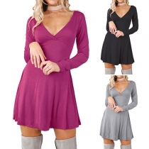 Sexy Solid Color Deep V-neck Long Sleeve High Waist Dress