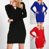 Elegant Solid Color Round Neck Hollow Out Side Lace-up Long Sleeve Dress