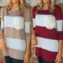 Casual Style Round Neck Long Sleeve Lace Pocket Spliced Striped T-shirt
