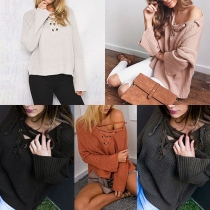 Sexy Solid Color Front Criss Cross V-neck Long Sleeve Sweater