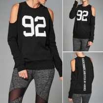 Sexy Letters Numeric Printed Round Neck Cold Shoulder Long Sleeve Sweatshirt For Women