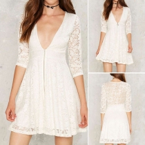 Sexy Solid Color Front Zipper Deep V-neck Half Sleeve Lace Dress