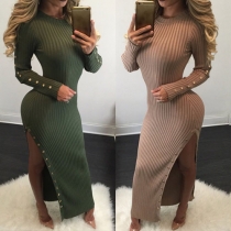 Sexy Solid Color Rivet Round Neck Long Sleeve Slit Hem Knit Maxi Dress