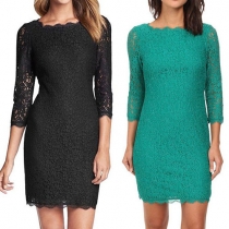 Elegant Solid Color V Back 3/4 Sleeve Slim Fit Lace Dress