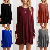 Casual Style Solid Color Round Neck Long Sleeve Loose-fitting Dress