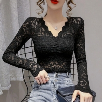 Sexy Solid Color Round Neck Back Keyhole Long Sleeve Slim Fit Lace Tops