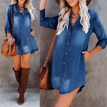 Sexy Front Lace-up V-neck Button-tab Sleeve Denim Dress