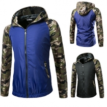 Fashion Camouflage Printed Front Zipper Hooded Raglan Sleeve Men's Jacket