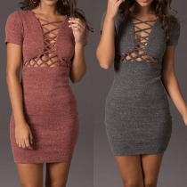Sexy Solid Color Front Criss Cross Hollow Out Short Sleeve Knit Dress