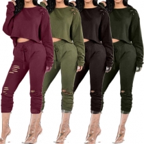Fashion Hollow Out Solid Color Long Sleeve Crop Tops + Pants Two-piece Set