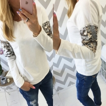 Casual Style Sequin Spliced Round Neck Long Sleeve T-shirt