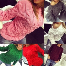 Fashion Solid Color Round Neck Long Sleeve Twist Braid Sweater