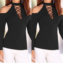Sexy Solid Color Cold Shoulder Hollow Out Long Sleeve Round Neck T-shirt