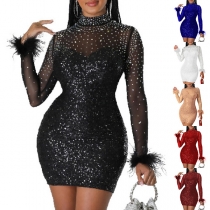 Sexy Hotfix Rhinestone Mock Neck Long Sleeve Bodycon Dress