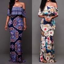 Sexy Printed Off Shoulder Backless Ruffle Slim Fit Maxi Dress