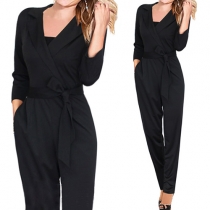 Fashion Solid Color Lapel 3/4 Sleeve 2 Side Pockets Gathered Waist Jumpsuit