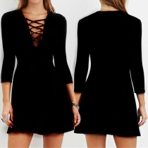 Sexy Solid Color Front Lace-up V-neck 3/4 Sleeve Swing Dress