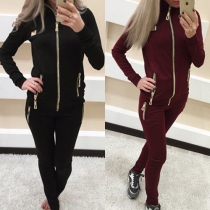 Casual Style Solid Color Front Zipper Long Sleeve Sports Suit