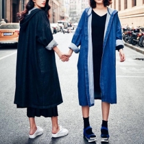 BF Style Open-Front Long Sleeve Hooded Denim Trench Coat For Women