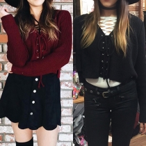 Sexy Solid Color Front Lace-up V-neck Long Sleeve Knit Crop Sweater