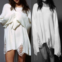 Stylish Solid Color Round Neck Long Sleeve Ripped Loose-fitting Knit Sweater