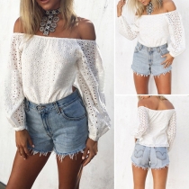 Sexy Solid Color Off Shoulder Long Sleeve Hollow Out Side Slit Tops
