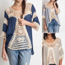 Sexy Contrast Color Round Neck 3/4 Sleeve Crochet Hollow Out Smock
