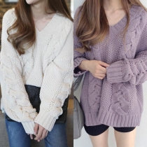 Fashion Solid Color V-neck Long Sleeve Loose-fitting Knit Sweater