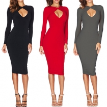 Sexy Solid Color Front Crossover Hollow Out Long Sleeve Bodycon Dress