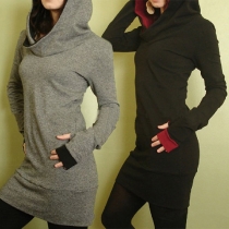 Casual Style Contrast Color Long Sleeve Hooded Slim Fit Women's Sweatshirt