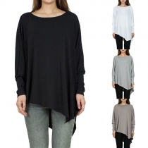 Casual Style Solid Color Round Neck Long Sleeve Irregular Hemline Relaxed T-shirt