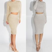 Sexy Solid Color Turtleneck Fuzzy Crop Sweater and Skirt Two-piece Set