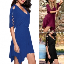 Sexy Solid Color V-neck Half Sleeve Hollow Out Gathered Waist Irregular Hemline Dress