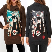 Casual Style Persona Printed Long Sleeve Slim Fit Women's Knit Sweatshirt