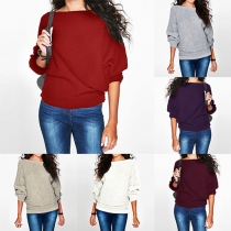 Fashion Solid Color Boat Neck Bat Sleeve Loose-fitting Knit Sweater