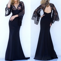 Sexy Lace Spliced Deep V-neck Backless Bell Sleeve Slim Fit Party Dress