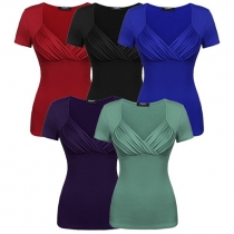 Sexy Solid Color Front Crinkle Crossover V-neck Short Sleeve T-shirt