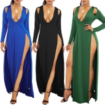 Sexy Solid Color Deep V-neck Long Sleeve High-slit Hem Maxi Dress