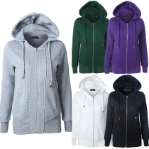 Casual Style Solid Color Long Sleeve Hooded Front Zipper Sweatshirt