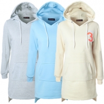 Casual Style Front Pocket Long Sleeve Hooded High-low Hemline Sweatshirt