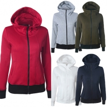 Fashion Contrast Color Front Zipper Hooded Long Sleeve Sweatshirt For Women