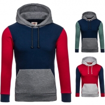 Casual Style Contrast Color Front Pocket Hooded Long Sleeve Men's Sweatshirt
