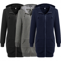 Casual Style Solid Color Front Zipper Long Sleeve Hooded Sweatshirt Jacket