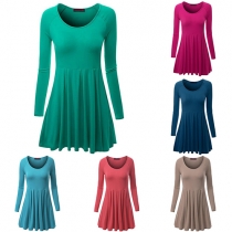 Casual Style Solid Color Round Neck Long Sleeve Pleated Dress