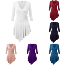 Sexy Solid Color V-neck 3/4 Sleeve Irregular Hemline Dress